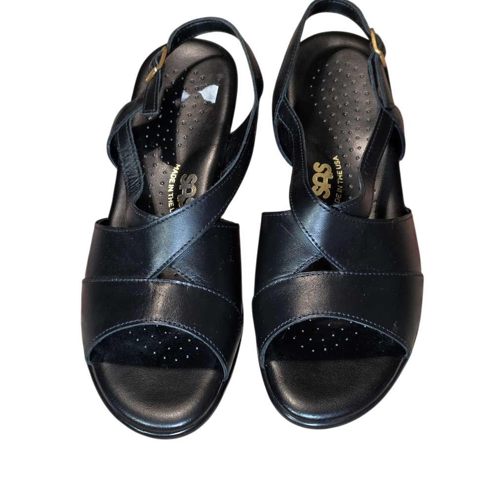NEW SAS Womens 10 M Leather Wedge Sandals Black Slingback Tripad Comfort Strappy